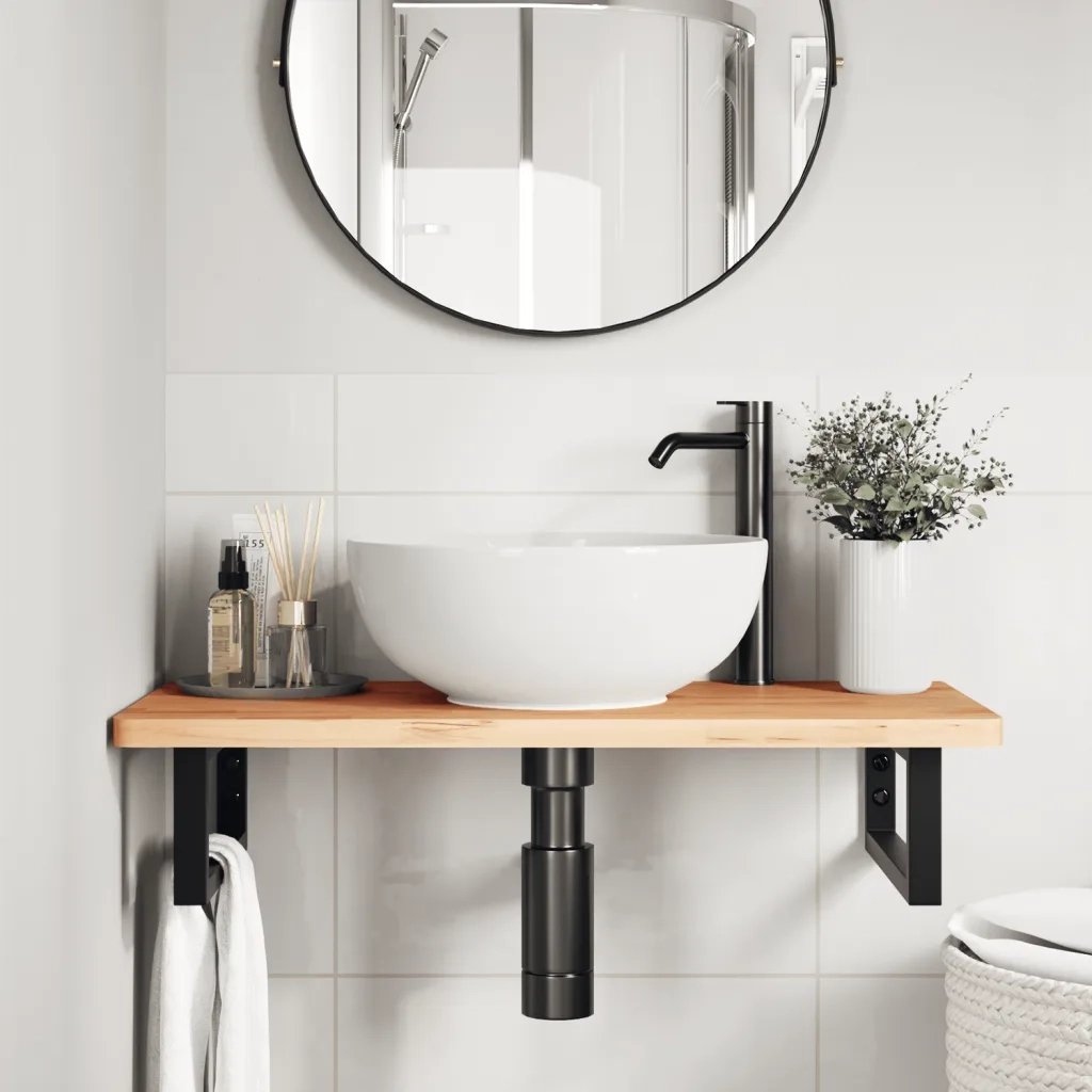 vidaXL Ripiano a Parete per Lavabo in Acciaio e Massello di Faggio