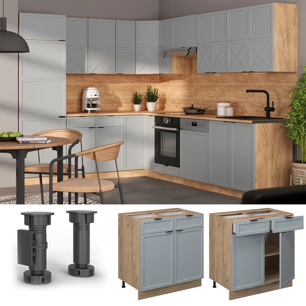Mobiletto base per cucina Fame-Line Blu-grigio chiaro/Rovere dorato 80 cm senza piano di lavoro Vicco