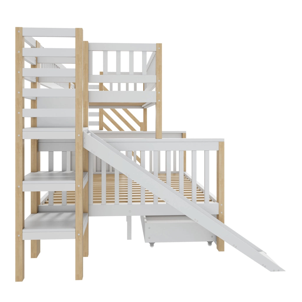 OKWISH Letto a Castello 140×200 cm e 90×200 cm, Letto 3 Posti con Scala Contenitore, Armadio e Scivolo, senza Materasso, Bianco