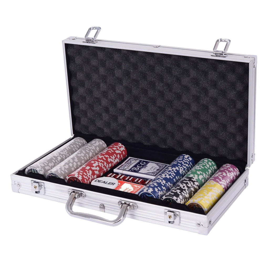 Set di porta carte da poker 38,4 x 20,5 x 6,5 cm con 300 fiches e 2 mazzi di carte in alluminio nero e argento 20_0011036
