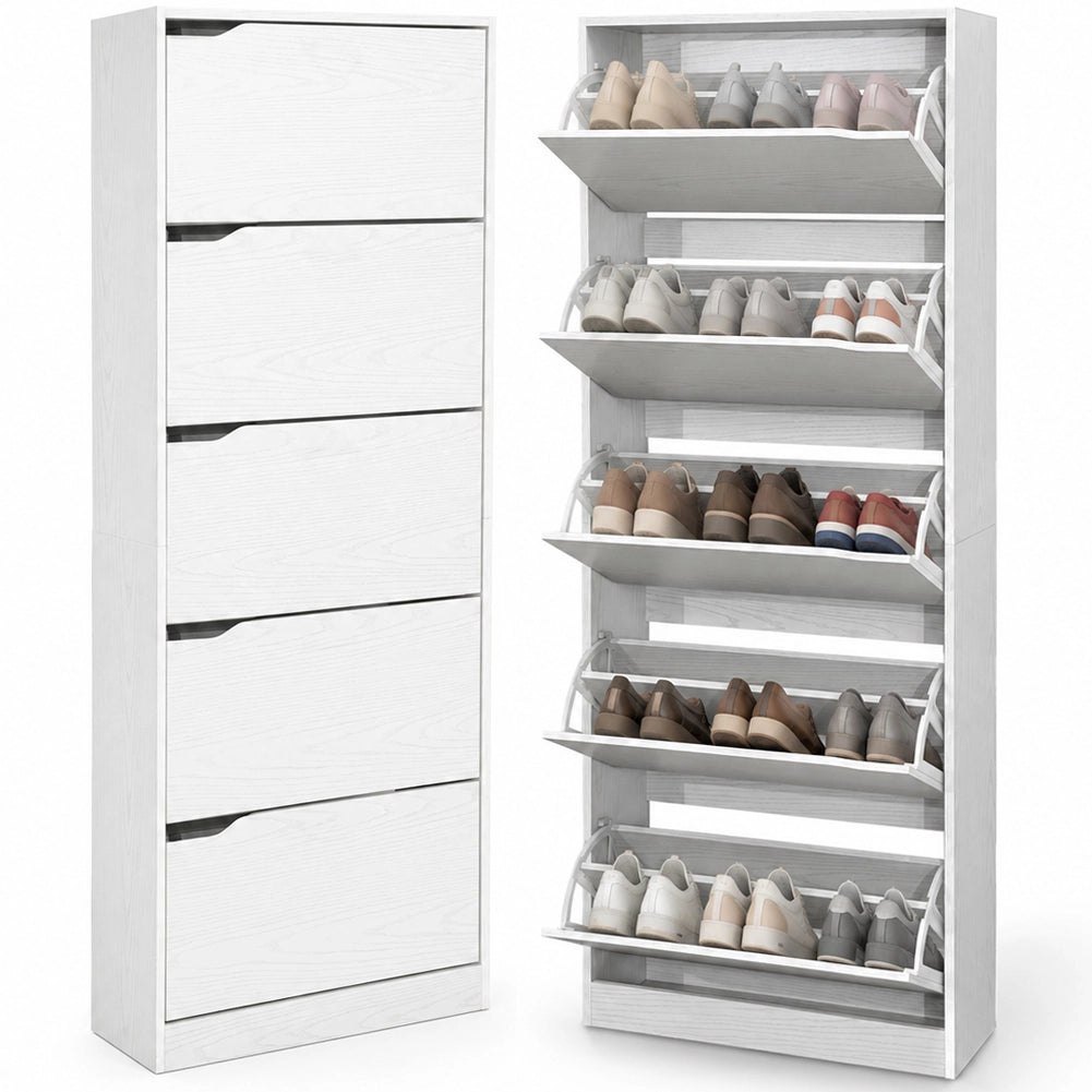 Scarpiera Salvaspazio a 5 Ripiani 63x24x170 cm con Maniglia Scomparsa in Melamina Bianco