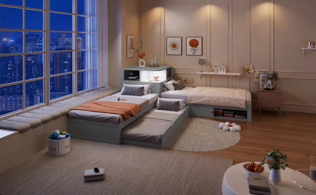 Letto combinato 90 × 200 cm con letto estraibile, contenitore con ante scorrevoli e luce LED, senza materasso, in pino, grigio