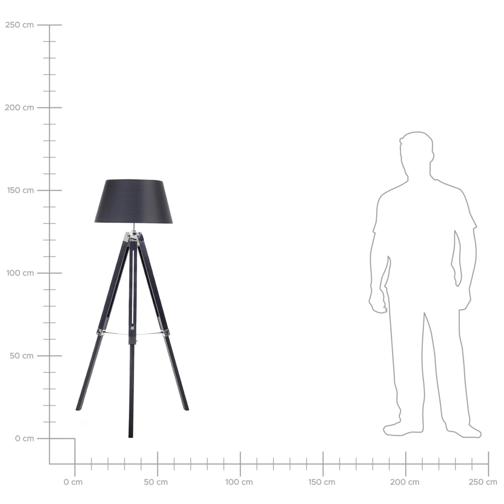 Lampada da Terra Nero Policotone Paralume Gambe in Legno 143 cm Treppiede Moderno Stile Industriale Soggiorno Camera da Letto
