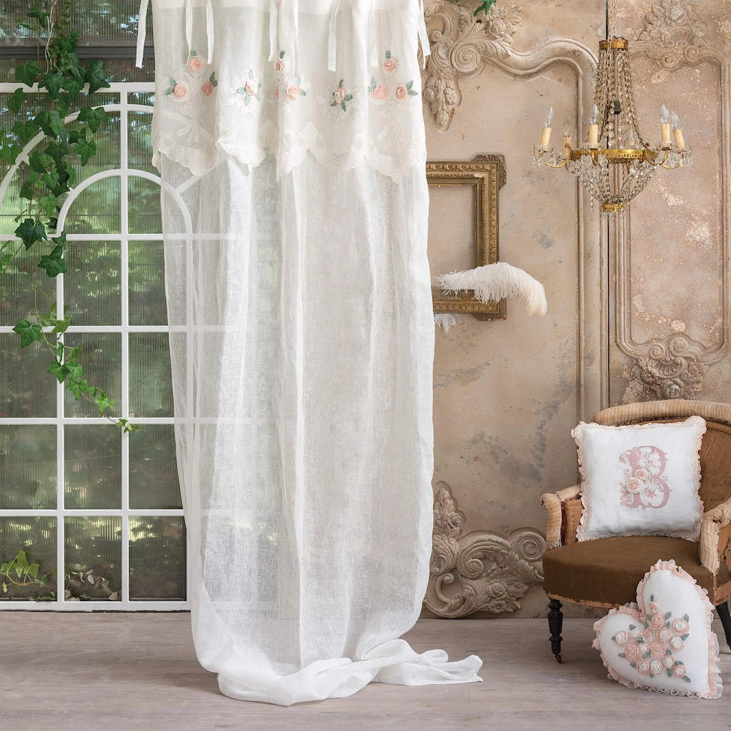 Tenda di Lino Ricamata con Mantovana a Roselline Stile Shabby Chic Blanc Mariclò