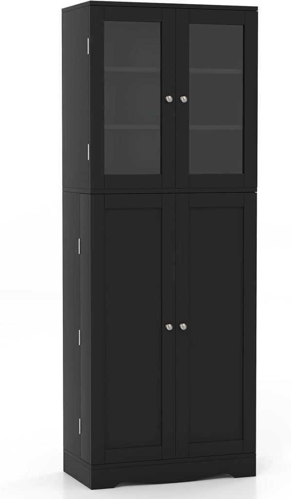 Armadietto portaoggetti da 161,3 cm, autoportante, alto, per cucina, bagno, soggiorno, ufficio, credenza in legno con ante e ripiani in vetro, 31,8 x 61 x 161,3 cm (nero)