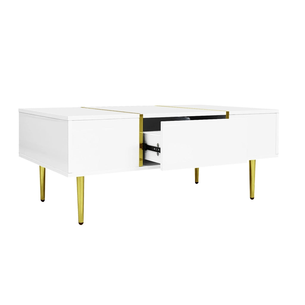 Tavolino basso con 2 cassetti finitura bianco lucido in MDF ed elementi metallici dorati 100 × 60 × 41,5 cm