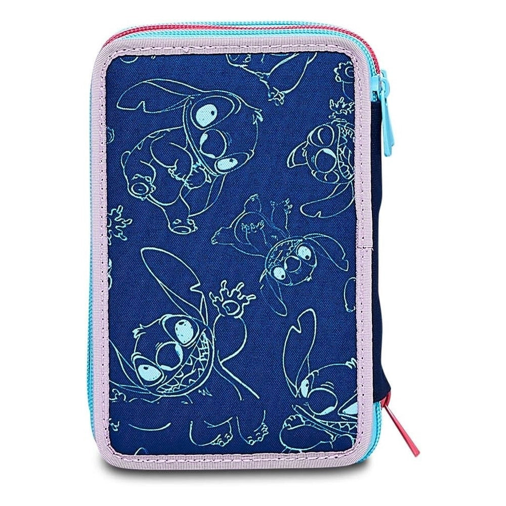 Trade Shop - Astuccio Stitch E Lilo 3 Zip Per Scuola Elementare Completo Di Accessori Seven -