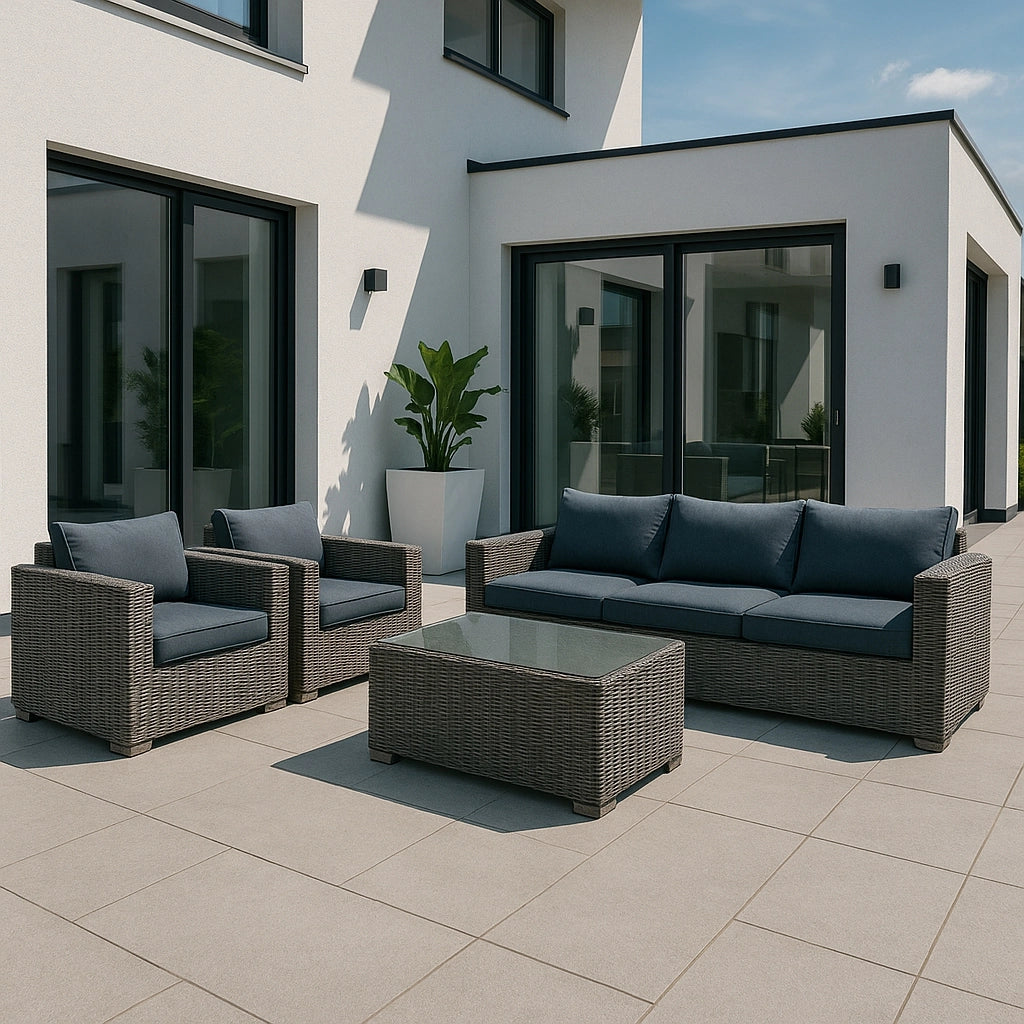 SET SALOTTO ICARO IN RATTAN GRIGIO CON CUSCINI.