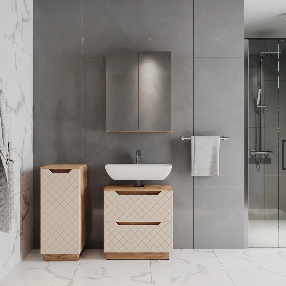 Set di mobili da bagno Lotta, Rovere/cashmere con struttura in piastrelle, 3 parti