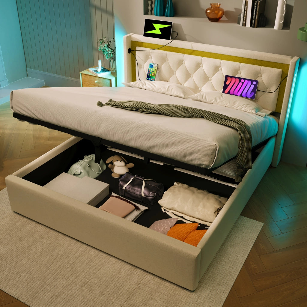 LETTO LED 140x200 cm Beige in cotone con USB e Type-C, contenitore e rete a doghe