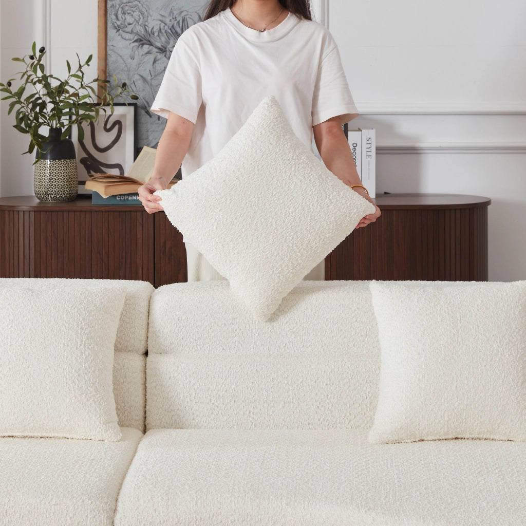 Divano modulare a 2 pezzi in chenille beige con schienale a strati e design curvo senza telaio
