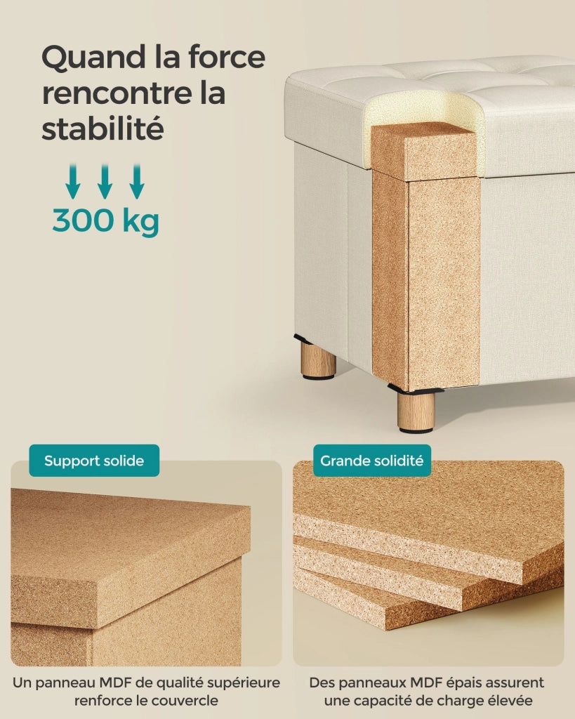 Pouf/sgabello contenitore con poggiapiedi panca pieghevole con contenitore 38 x 38 x 40 cm per soggiorno/camera da letto beige 12_0007289