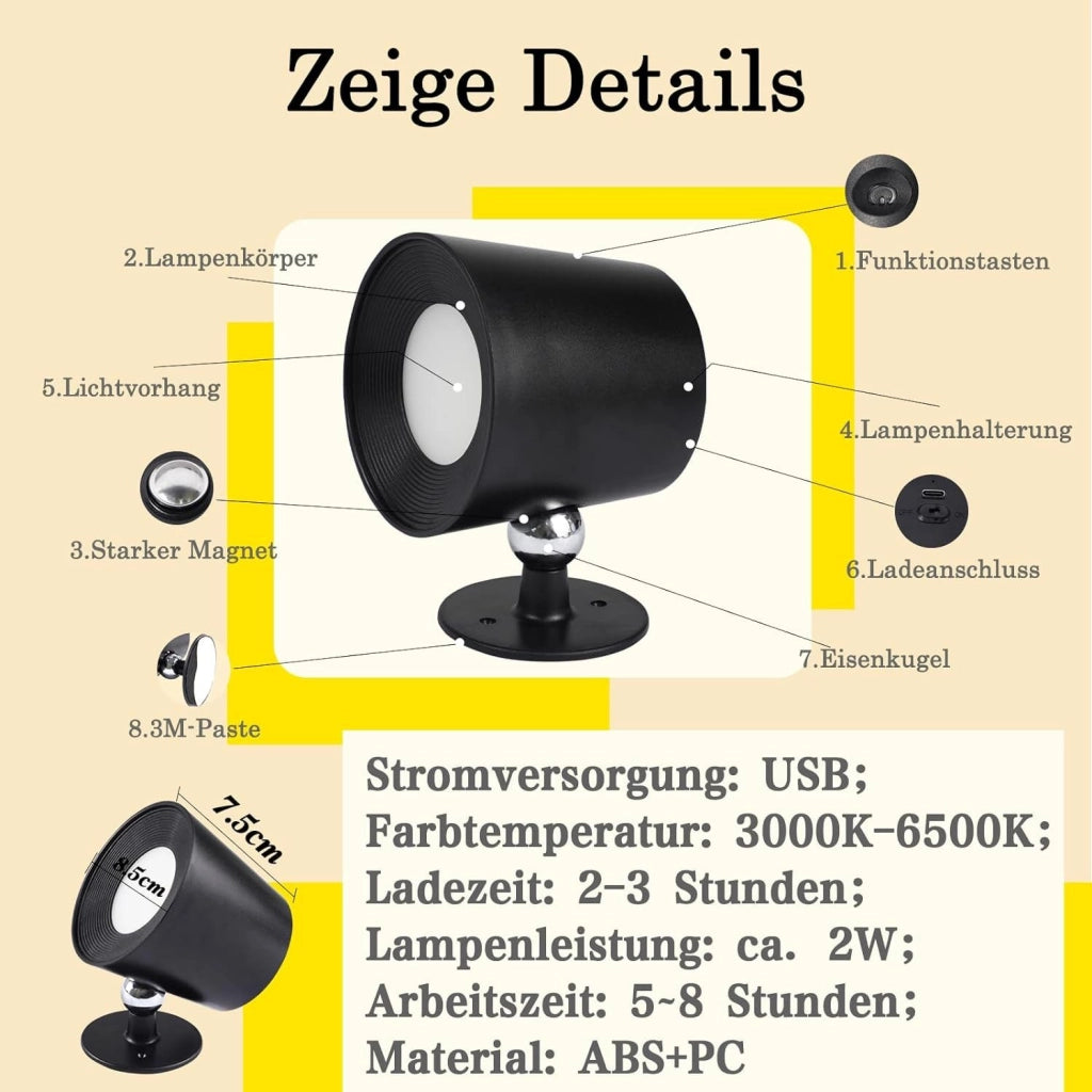 ZMH Applique da parete a LED nera per soggiorno batteria rotazione a 360° controllo touch 3 livelli di luminosità