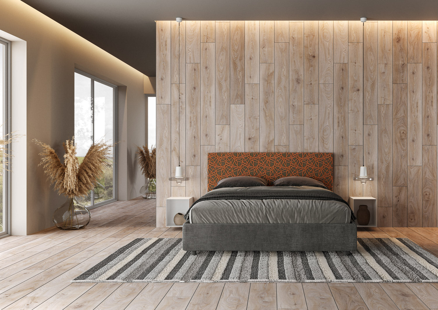 Letto Matrimoniale 160x210 cm con Rete e Contenitore con Testata e Alzata Comoda Imbottito in Tessuto Era Arla Arancio