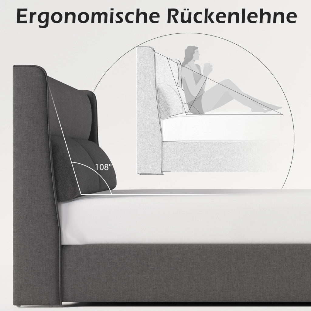 Letto matrimoniale 160 × 200 cm con contenitore, testiera regolabile e materasso incluso, in lino, grigio