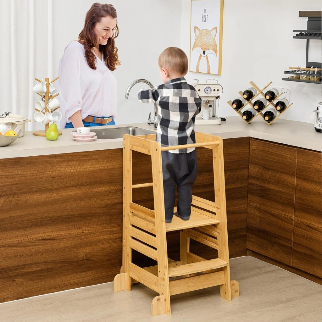 Torre Montessoriana in Bambù, Torre di Apprendimento con 4 Altezze Regolabili, Barra di Sicurezza e Piedini Antiribaltamento, Sgabello da Cucina per Bambini 18+ Mesi