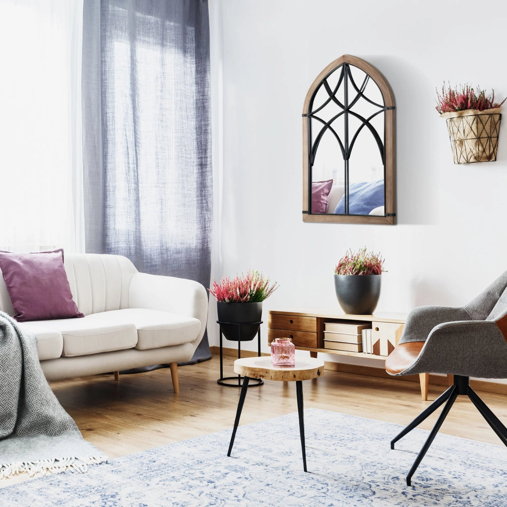 Specchio da Parete ad Arco con Dettagli Moderni e Ganci, in Legno e Vetro, 60x93 cm, Marrone e Nero