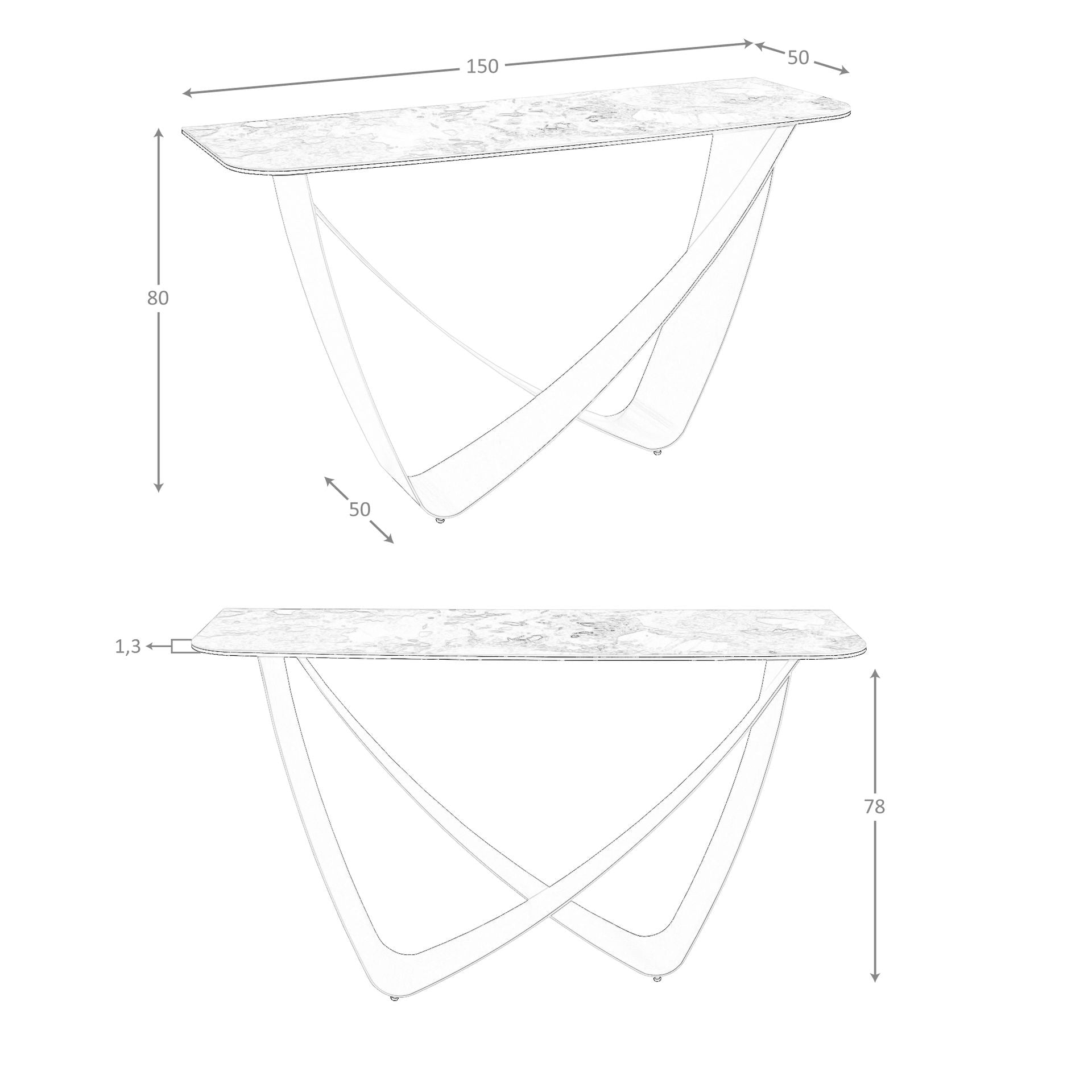Consolle rettangolare in marmo porcellanato e acciaio metallizzato color tortora