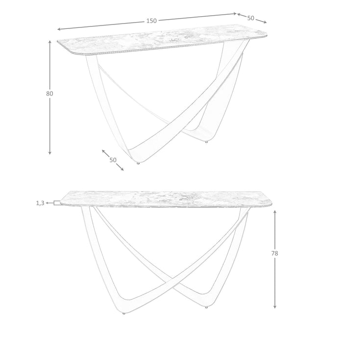 Consolle rettangolare in marmo porcellanato e acciaio metallizzato color tortora