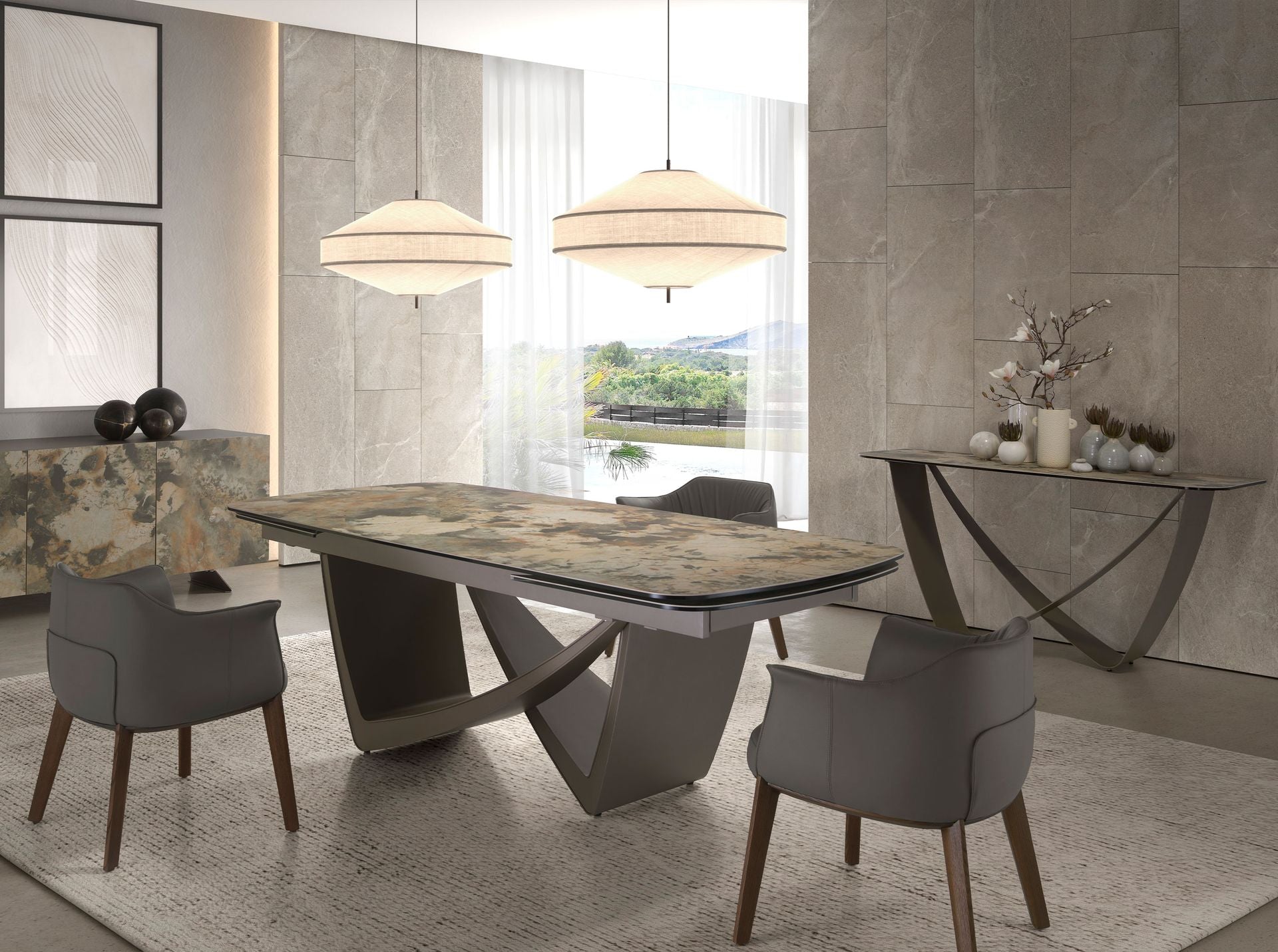 Consolle rettangolare in marmo porcellanato e acciaio metallizzato color tortora