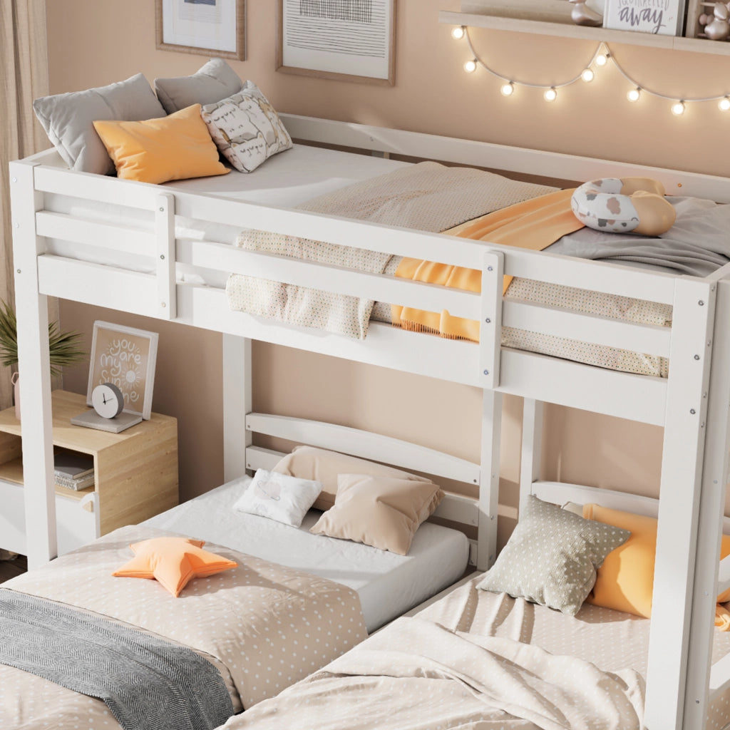 OKWISH Letto a Castello 90×200 cm, Letto 3 Posti con Scala Laterale e Sponda, senza Materasso, in Legno Massello, Bianco
