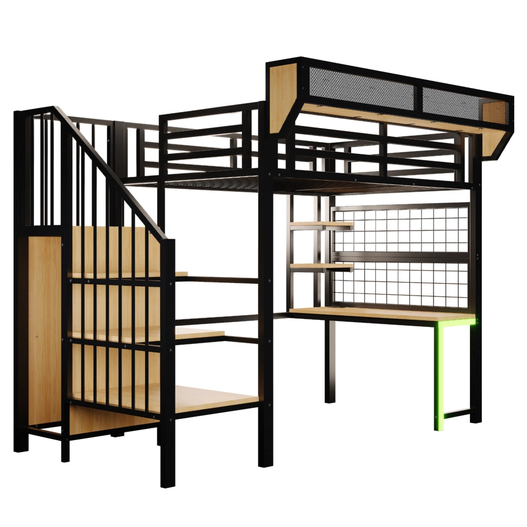 Letto a soppalco in metallo 90x200 cm nero con scrivania; ripiani; LED e prese