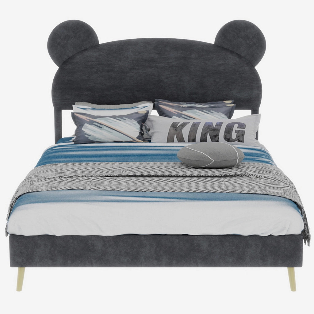 Letto per Bambini 140x200 cm; Letto Singolo - Testiera Orso; Angoli Arrotondati - Grigio