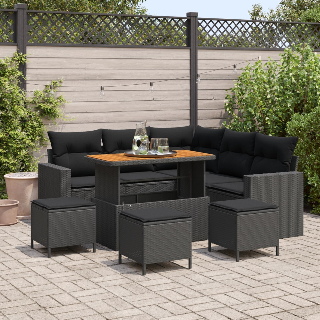 Set divani giardino  da 9 pezzi con cuscini in rattan nero e acacia