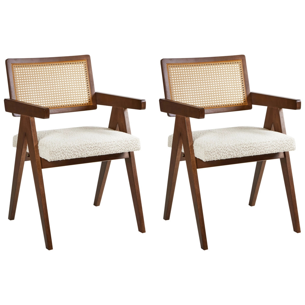 Set di 2 sedie da pranzo marrone e beige chiaro con struttura in legno di caucciù e sedile in bouclè Cucina da pranzo retrò