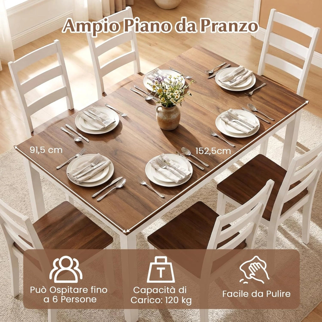 Tavolo da Pranzo per 4-6 Persone, Tavolo Rettangolare in Stile Rustico con Gambe in Legno di Gomma Massello, Tavolino Cucina per Sala da Pranzo e Soggiorno, 152,5 x 91,5 x 76,5 cm