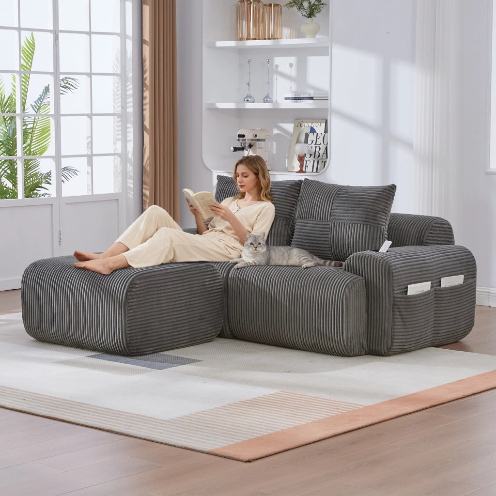 Divano Modulare 2 Posti con Portabicchieri e Tasca Laterale in Velluto a Coste Grigio Scuro 200 × 174 × 80 cm