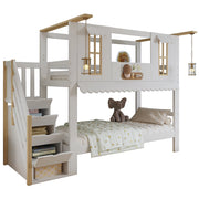 Letto a Castello 90x200 cm; con Scala Contenitore; Finestre e Tetto - Bianco Naturale