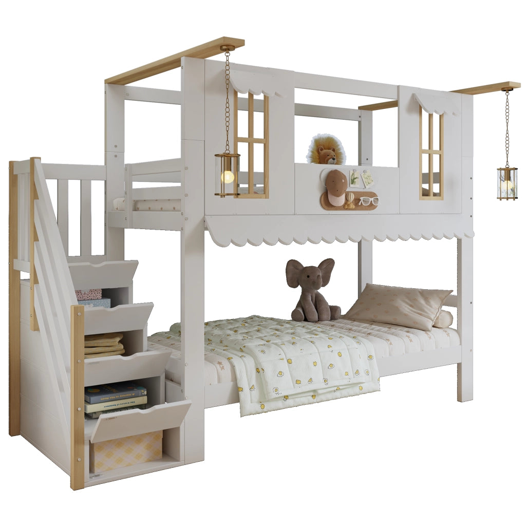 Letto a Castello 90x200 cm; con Scala Contenitore; Finestre e Tetto - Bianco Naturale