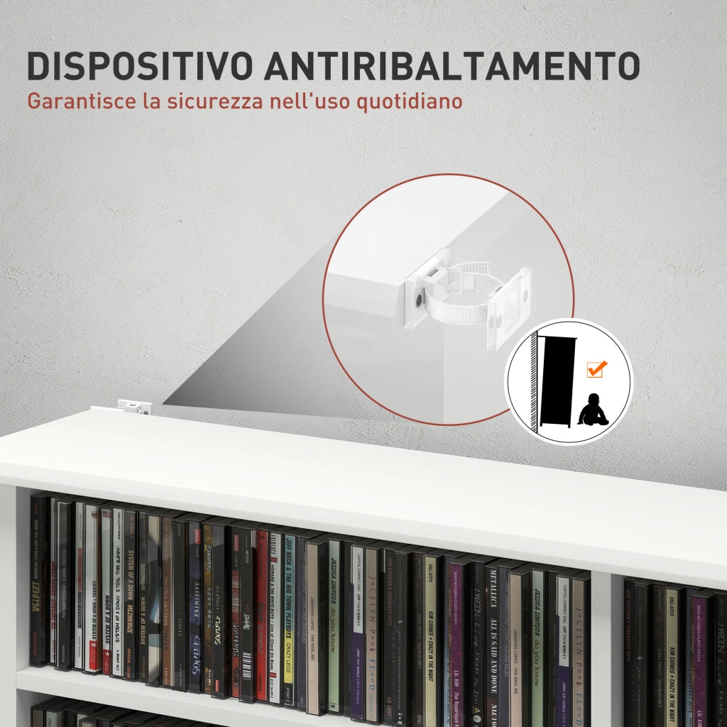 Mobile Libreria porta CD a 16 Ripiani dal Design Moderno in Legno. 106.5x24x126.3 cm. Bianco