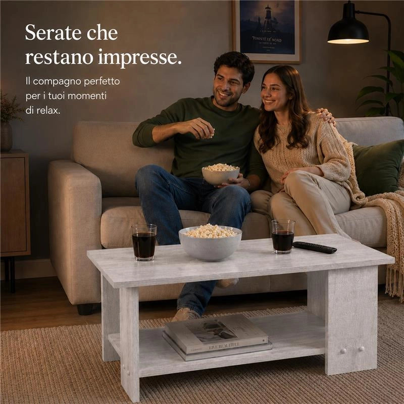 TAVOLO DA CAFFÈ IN LEGNO BIANCO CON RIPIANO E 4 SUPPORTI DIMENSIONI 89X48X42CM