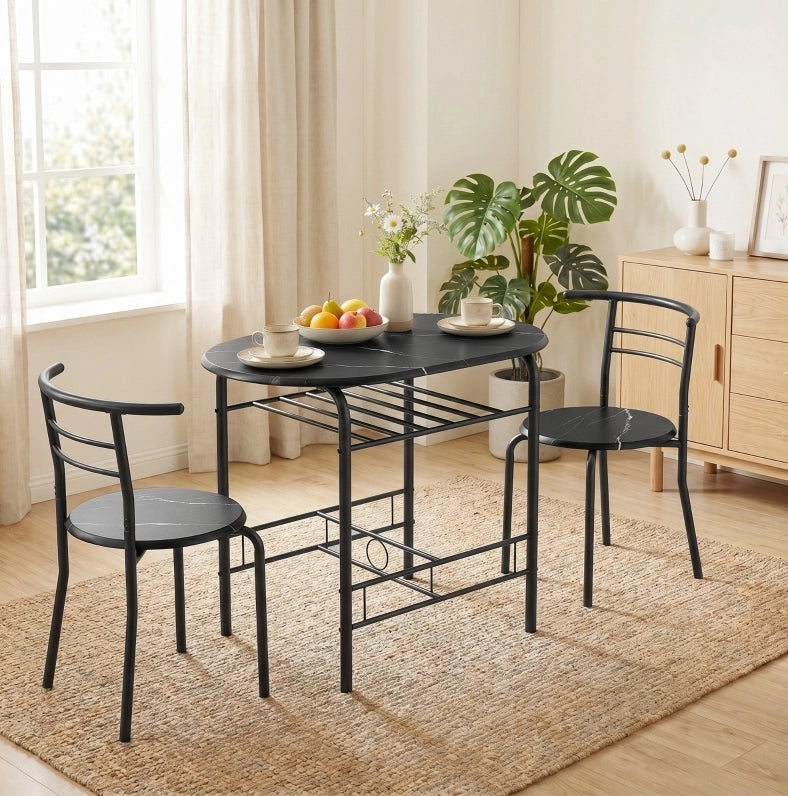 Set tavolo da pranzo con 2 sedie e ripiano effetto marmo nero