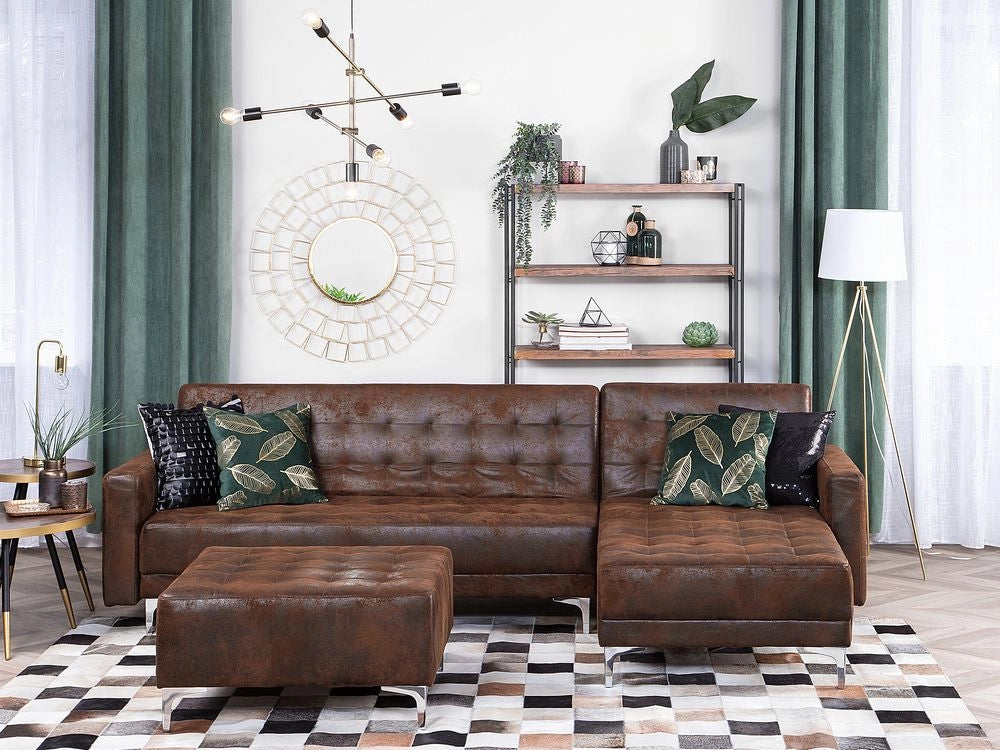 Divano letto angolare marrone in ecopelle con rivestimento a forma di L moderno e modulare a 4 posti con ottomana Chaise Longue sinistra