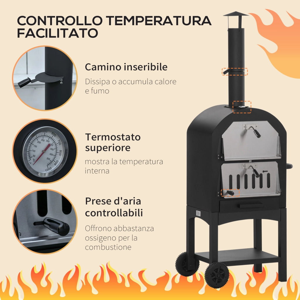 Forno per Pizza e Barbecue a Carbone Portatile in Acciaio con Camino e Ruote, 63x54x161 cm, Nero
