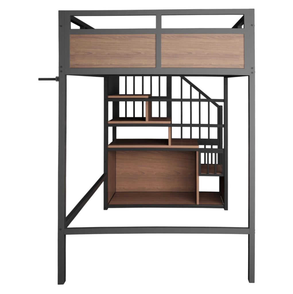 Letto a soppalco in metallo 90x200 cm con scala contenitore; LED e sponde di sicurezza; nero