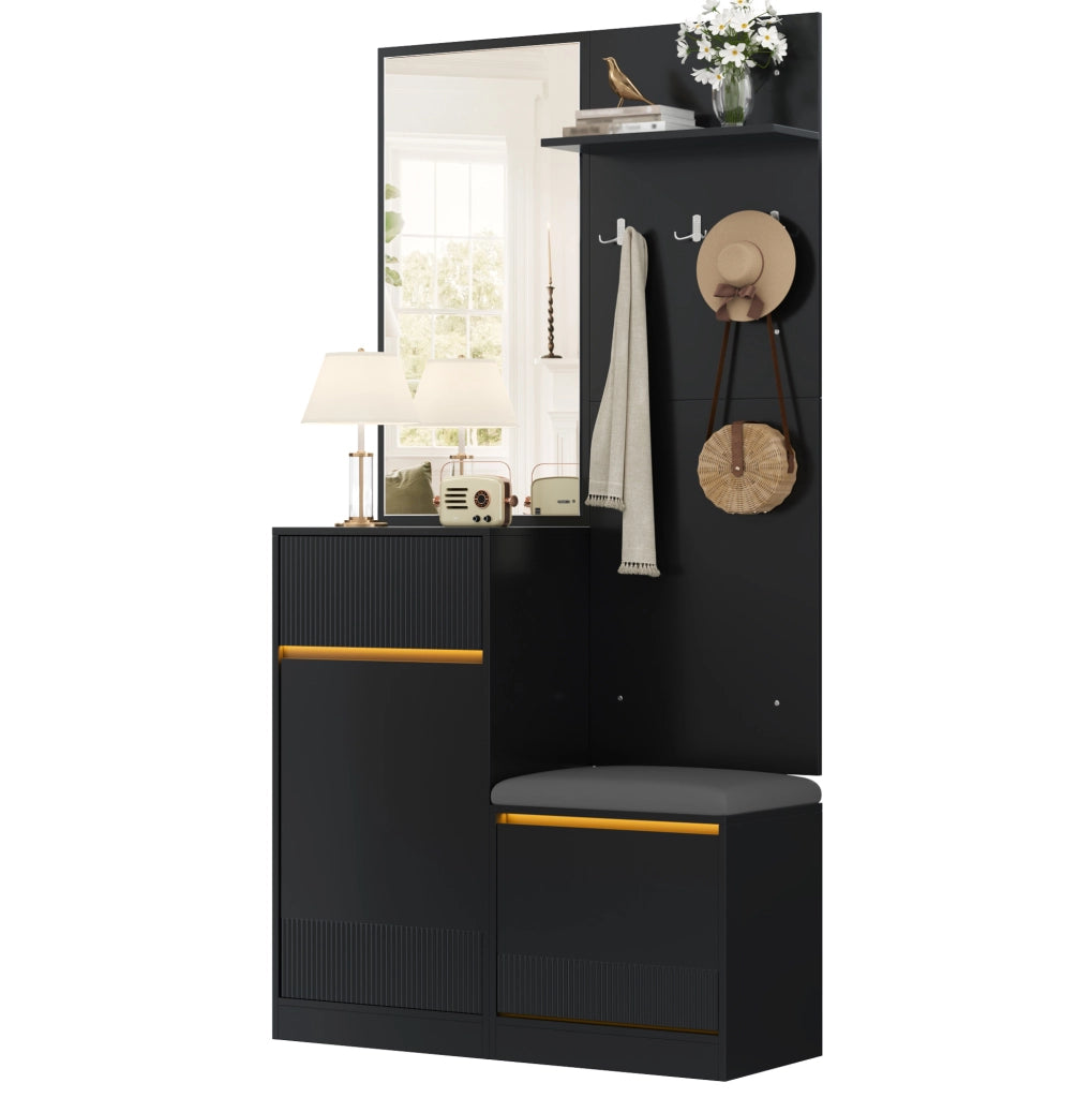 Mobile da ingresso 105x38x190 cm nero in MDF con LED e scarpiera