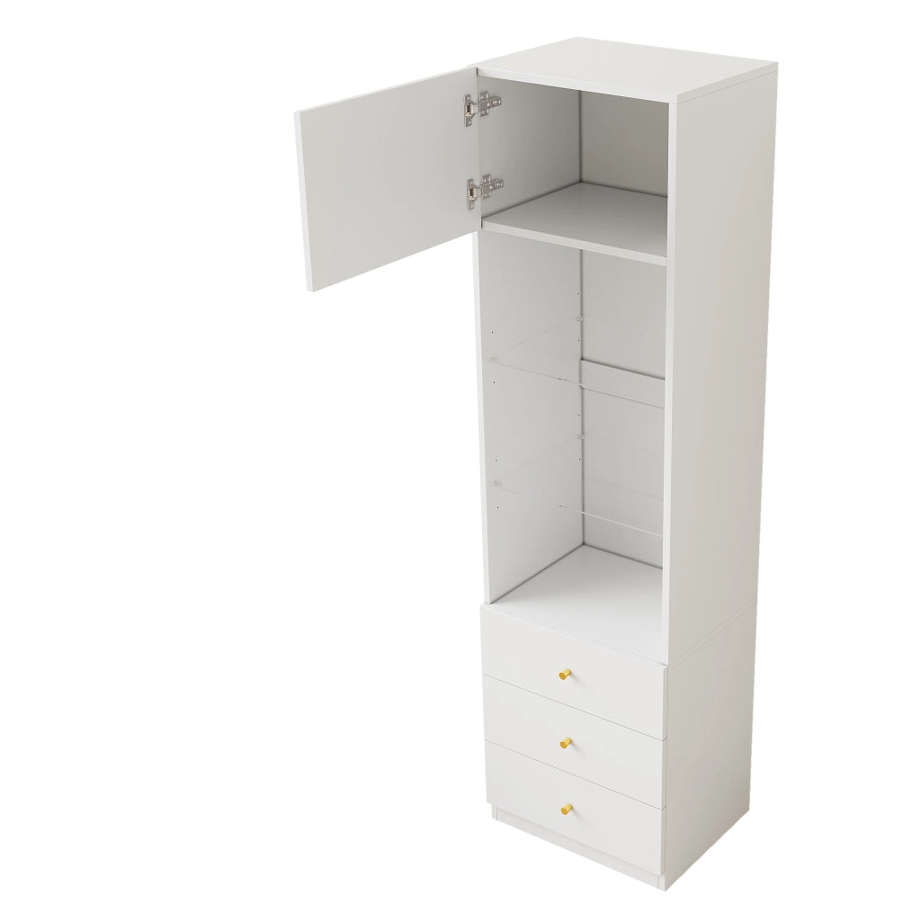 Vetrina alta bianca con ante, ripiani in vetro regolabili e 3 cassetti, set da 2, 100×40×180 cm