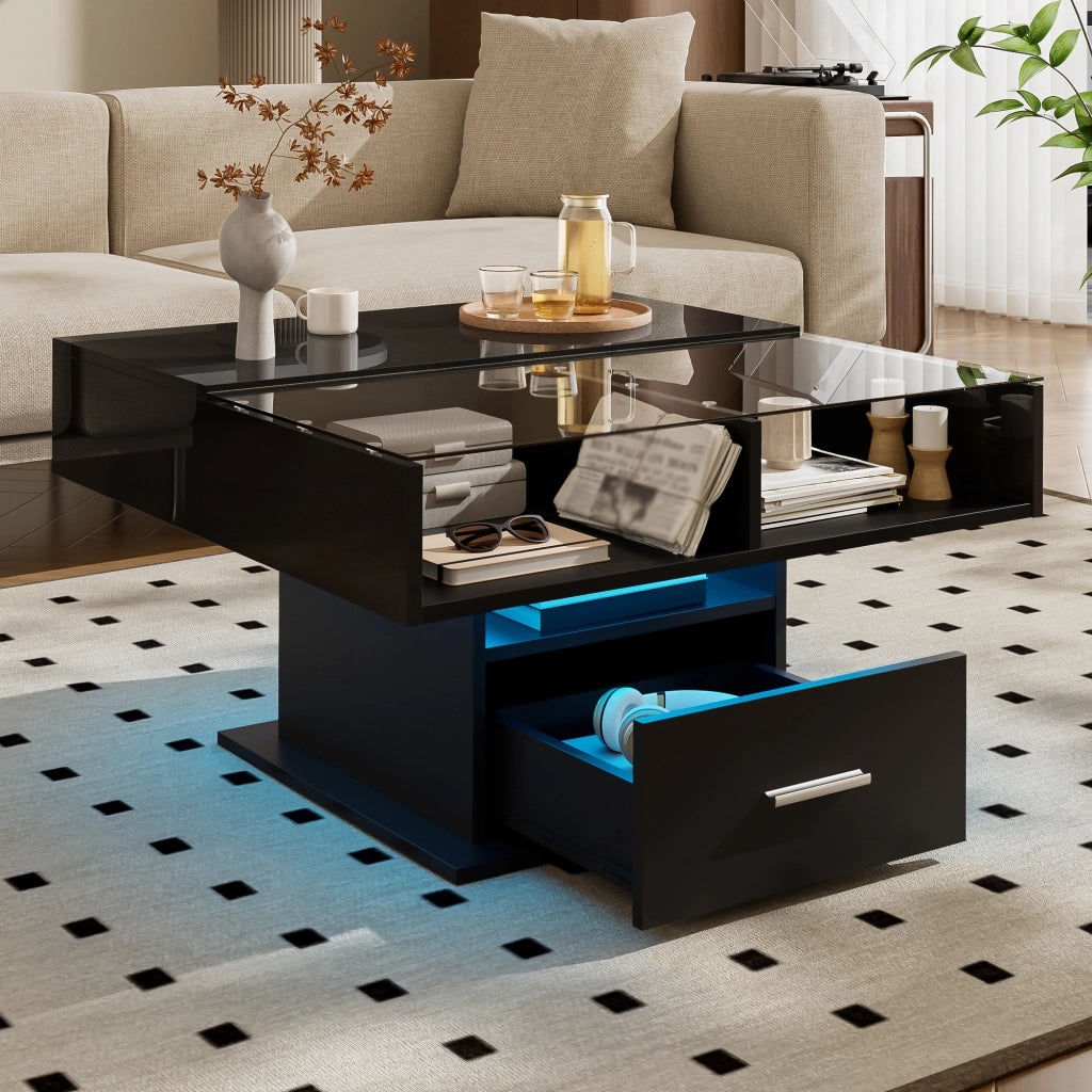 TAVOLINO da caffè alzabile 78x78 cm nero con LED e contenitore