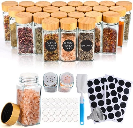 Set di 24 piccoli contenitori per erbe - Contenitori quadrati 120ml con coperchi in bambù - Penna di spazzolatura per pulizia - Marcatori rotondi - Etichette vuote - Treppiedi in silicone - Contenitori per erbe