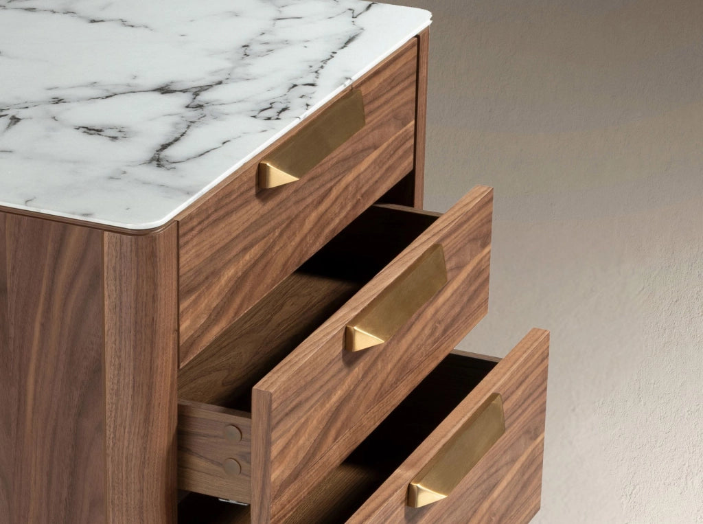 Chiffoniere in noce con piano in vetro effetto marmo