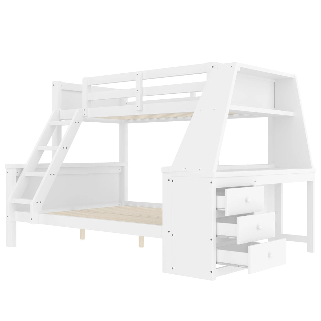 OKWISH Letto a castello 90×200 cm e 140×200 cm, Letto 3 Posti con Scrivania, Mensole e 3 Cassetti, senza Materasso, Bianco