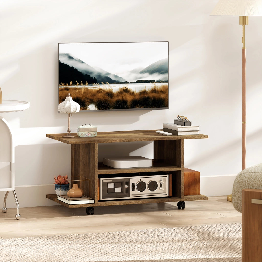 Mobile Porta TV Moderno 80x40x40 cm con Ripiani Ruote Girevoli e Freni Color Noce