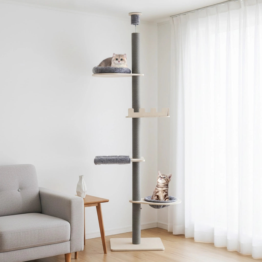Albero per gatti a 5 piani da pavimento a soffitto torre in legno con piattaforma, Albero amaca e cuscini rimovibili