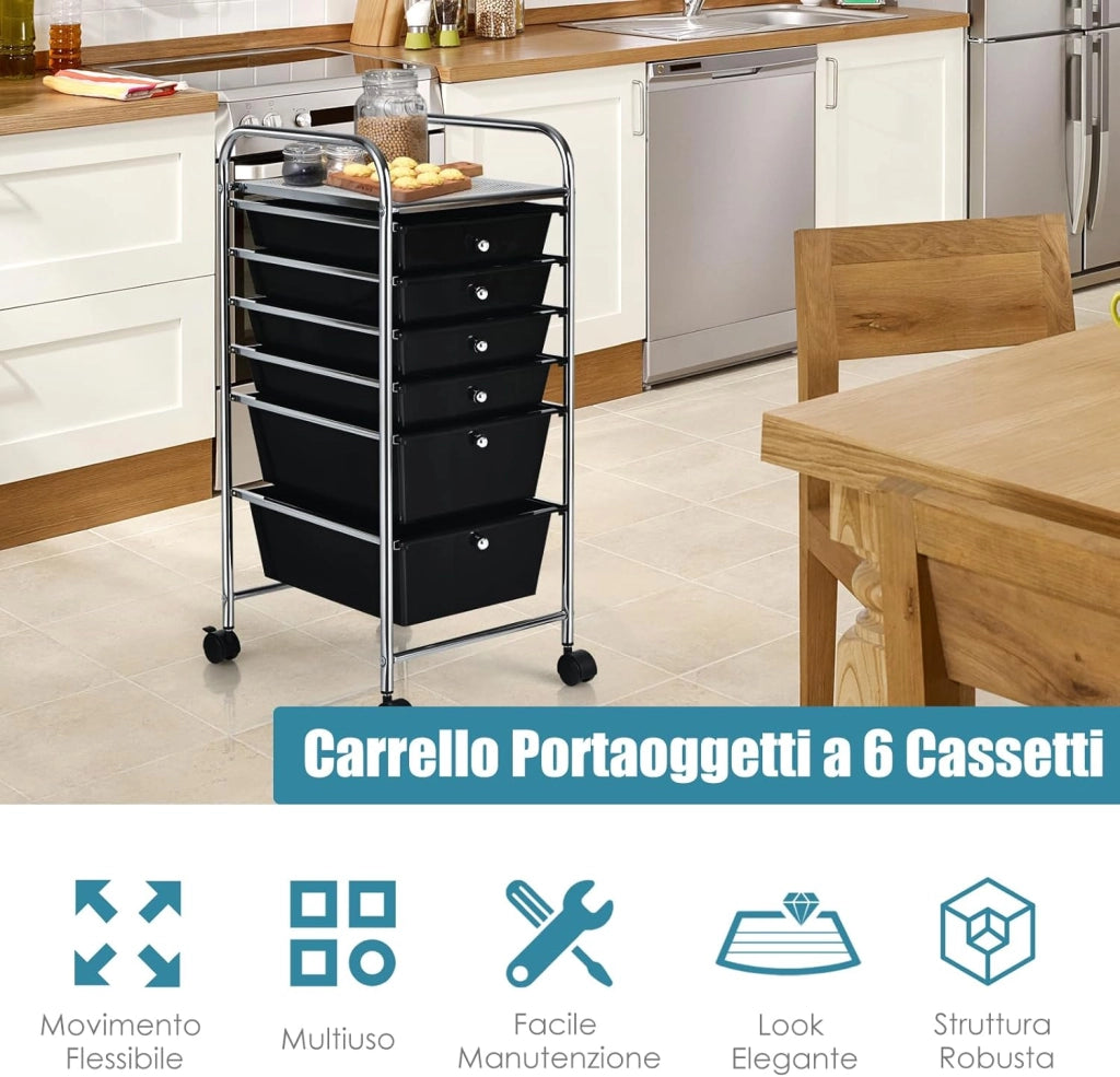 Carrello con 6 Cassetti e Ruote, Cassettiera in Plastica, con Due Dimensioni di Cassetti, Contenitore Multiuso per Casa Bagno e Ufficio, 37 x 74 x 32cm (Nero)