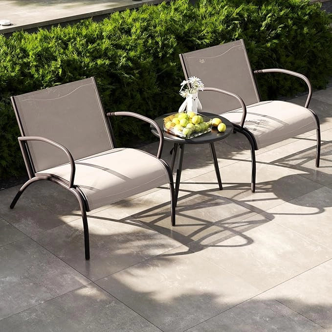 Set Tavolino e Poltrona a 3 Pezzi, Tavolino e Poltrone da Giardino con Seduta Curvata in Tessuto, Set di Mobili Esterno da Bistro, per Giardino Balcone Piscina