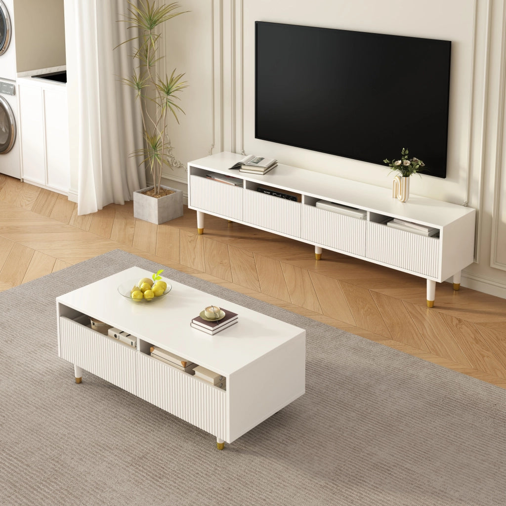 TAVOLO DA SALOTTO 110x50x40 cm Bianco con LED e 2 Cassetti